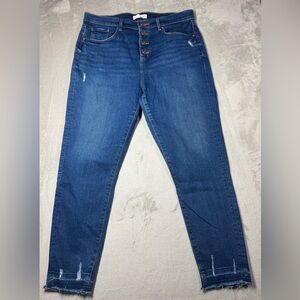 LOFT High Waist Skinny Crop Raw Hem Exposed Button Denim Blue Jeans Size 32